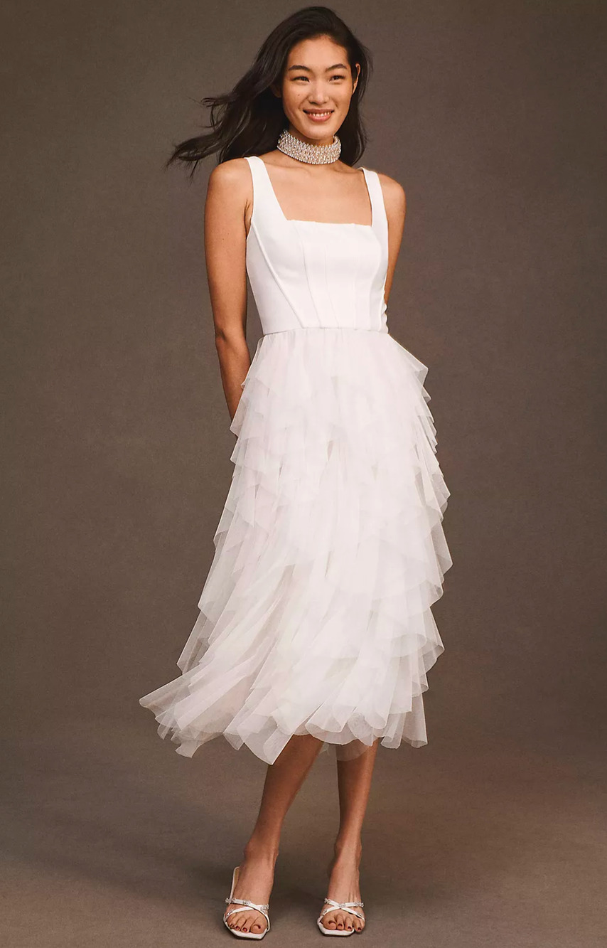 BHLDN Jada Size S Ivory Tiered Tulle Midi Wedding Dress Bridal NWT